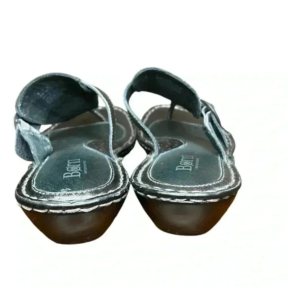 Born Womens Gun Metallic Silver T-Strap Buckle Leather Slip on Sandal, Sz 8 - Picture 4 of 8